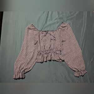 Black and White Smocked Crop Blouse with Tie Front